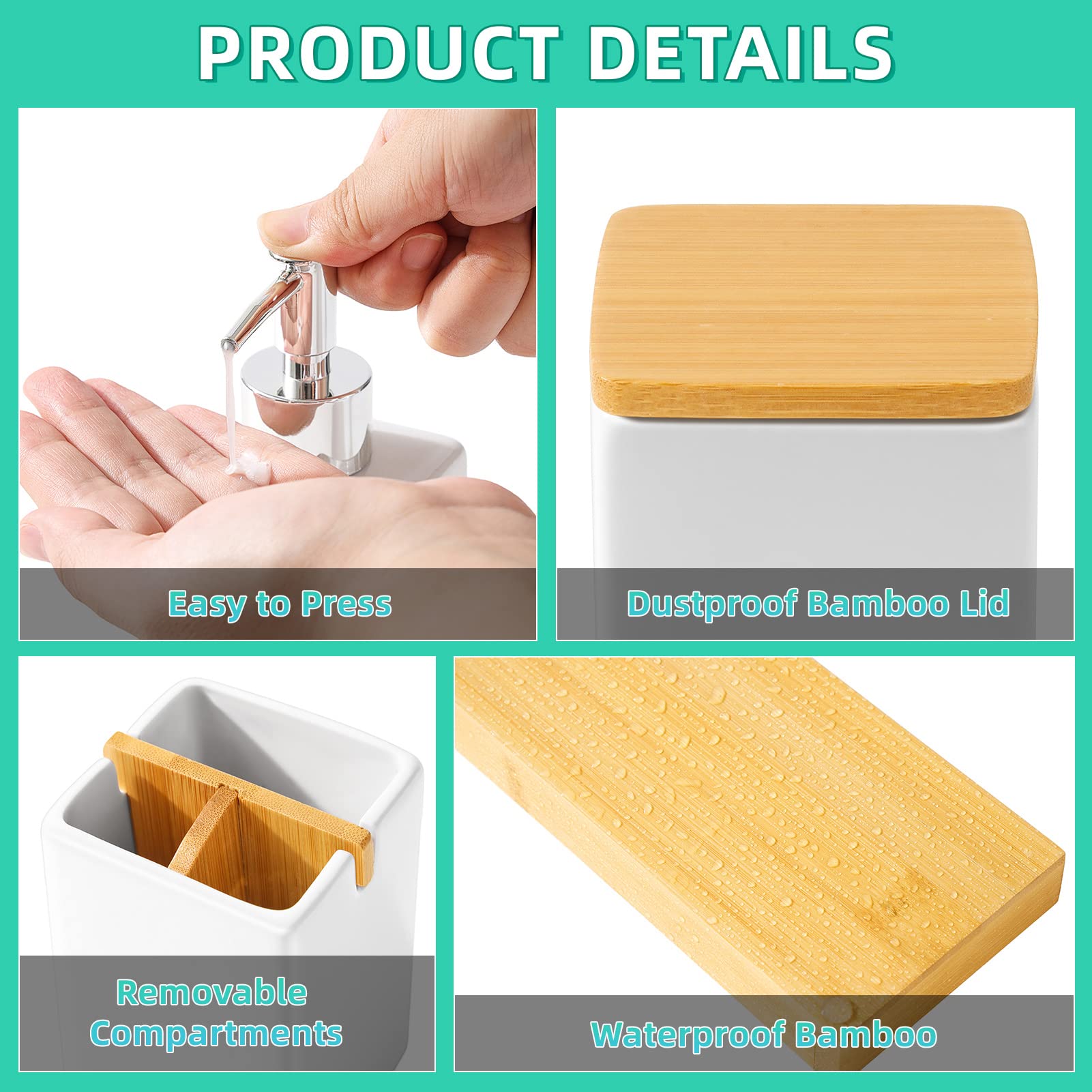 Vitviti Bamboo Bathroom Accessories, White Bathroom Organizer Countertop, Soap Dispenser And Toothbrush Holder Set, Vanity Tray